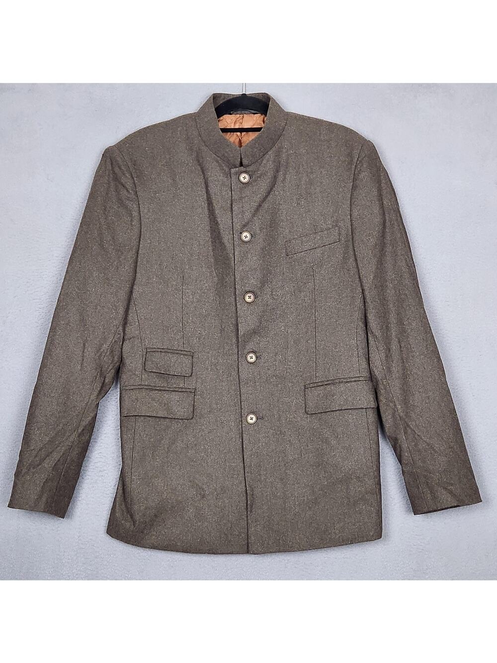 Hockerty Sport Coat Mens 40 Brown Wool Tweed Five Button Band Collar Jacket